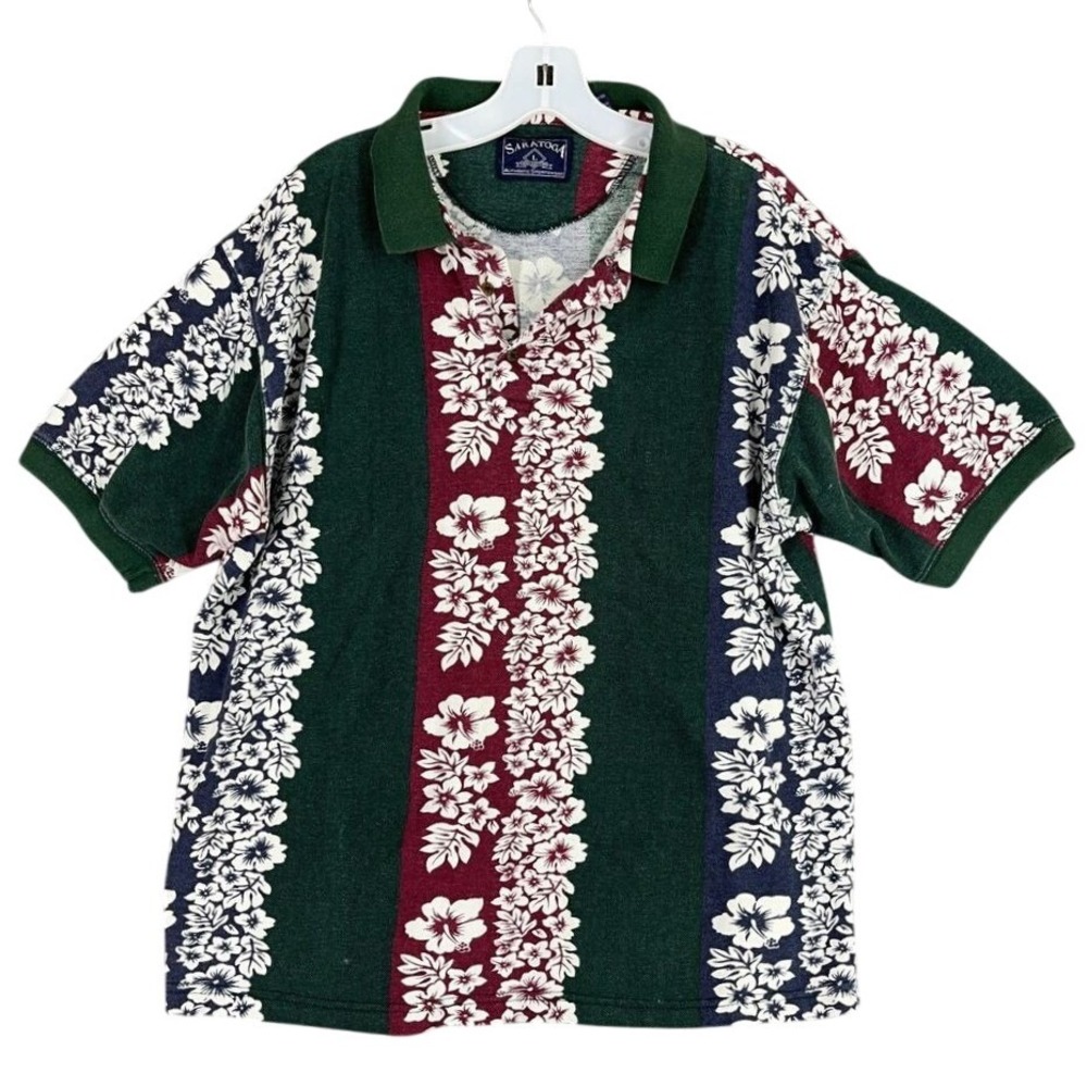 Saratoga Shirt Mens Large Floral Hawaiian Polo Camp Cllub Resort Vintage‎ 1990s